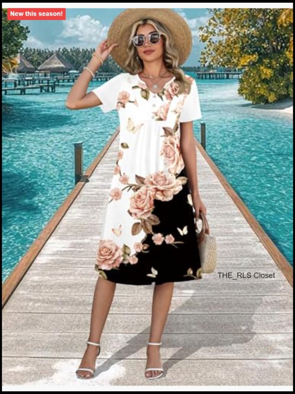 Polyester Spandex Midi Dress with Pockets V-Neck Casual Sundress - Picture 5 of 7